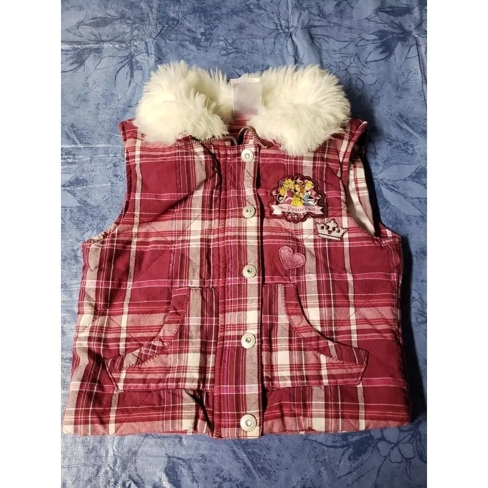 Disney Princess store girl plaid vest, embroidered/ cotton, faux fur collar, 5/6
